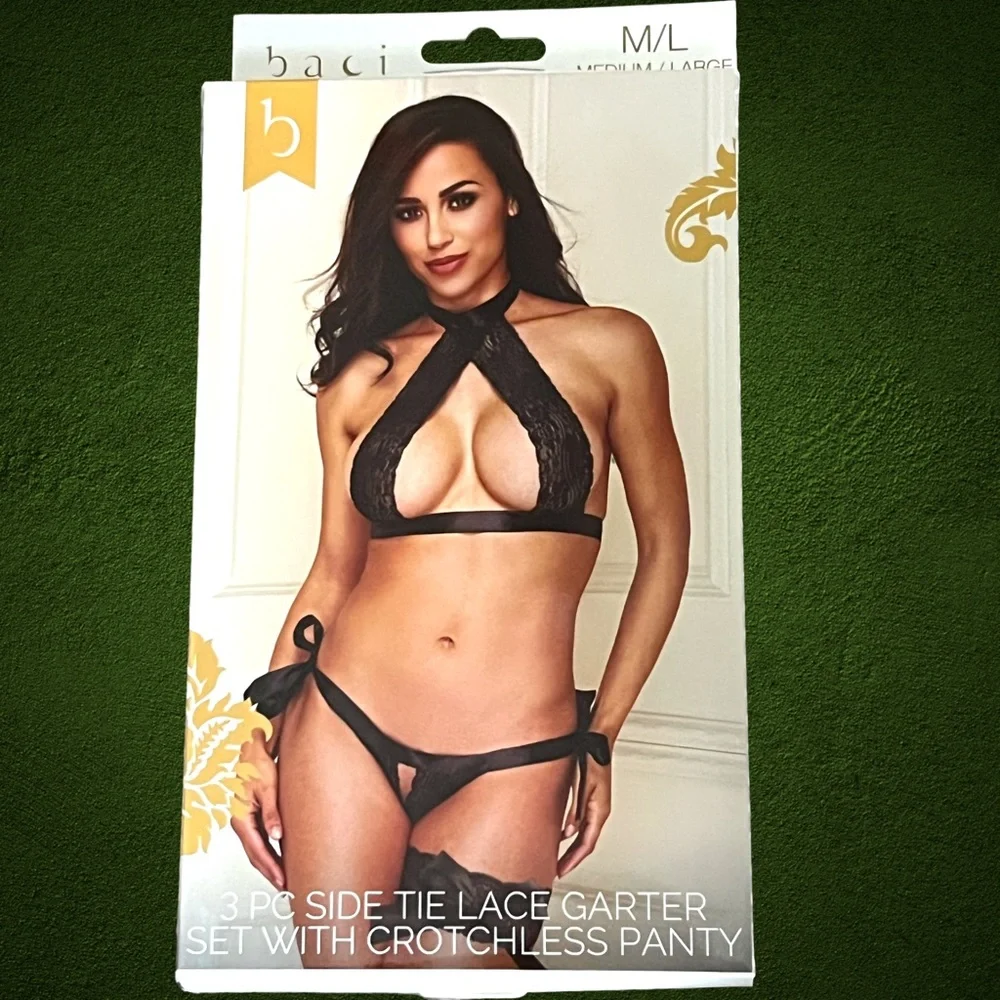 Baci Naughty 3 Piece Side Tie Lace Garter Set w/ Crotchless Panty. M/L. NWT. - Picture 2 of 3